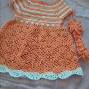 Orange and White Crochet Kids Casual Dress